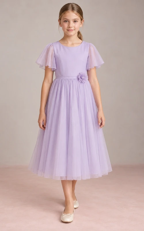 Lilac Tea-length Jewel Flutter-sleeve Tulle Gathered Floral Banded Princess-seamed Flower Girl Dress