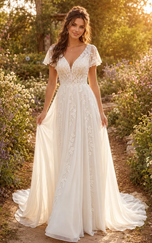 Beach Lace Tulle Wedding Dress A-Line V-Neck Cap Sleeve Sweep Train Bridal Gown