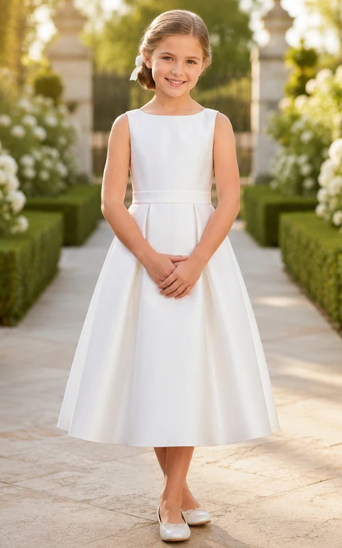 Vestido de fiesta de comunión sin mangas con cintura de satén y largo hasta la rodilla para niña de las flores.