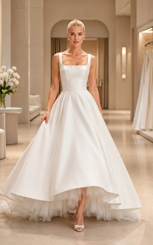 Vestido de novia clásico de corte A con falda asimétrica de tul para ceremonia