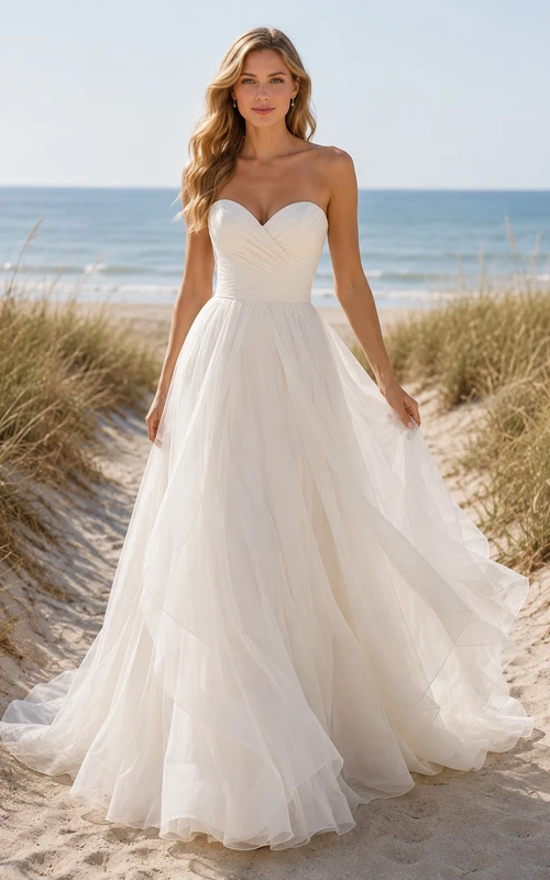 Vestido de novia de playa de tul sin tirantes con corte en A