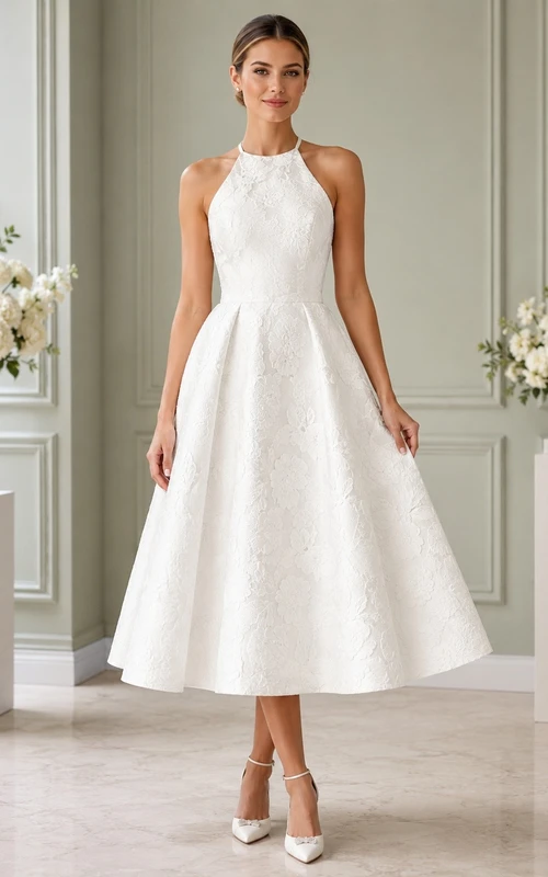 Civil Halter Sleeveless A-Line Tea-Length Simple Elegant Formal Dress