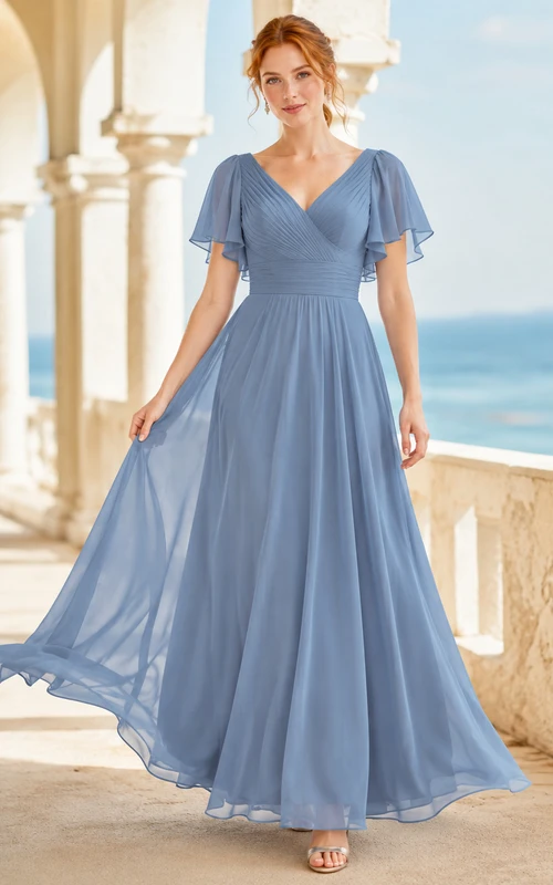 Dusty Blue Flutter Sleeve Chiffon A Line Bridesmaid Dress