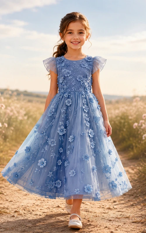 Flower Girl Dress Steel Blue Lace Tulle A-Line Jewel Neck Tea Length
