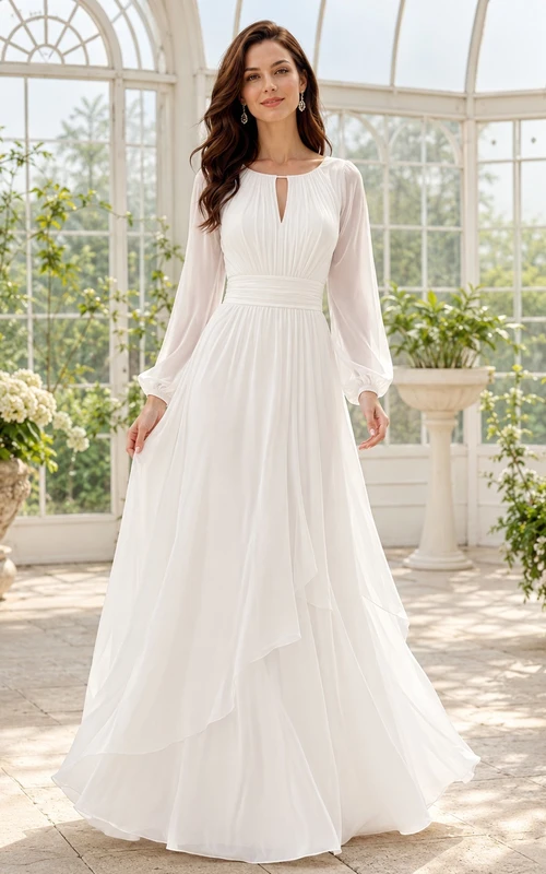 Robe de soirée romantique en mousseline ivoire à manches longues style bateau, coupe trapèze et manches longues.