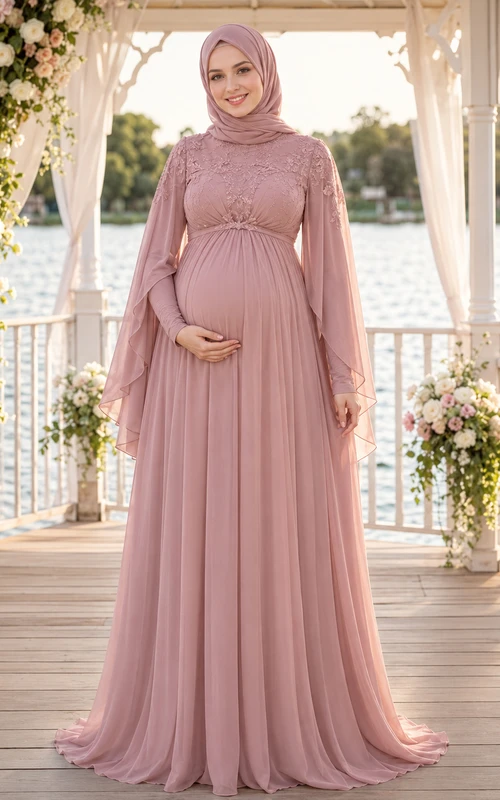 Maternity Dusty Rose Muslim Long Sleeve Chiffon Empire Wedding Dress