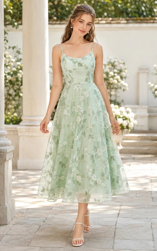 Robe midi trapèze en mousseline vert menthe à imprimé floral et col carré sans manches