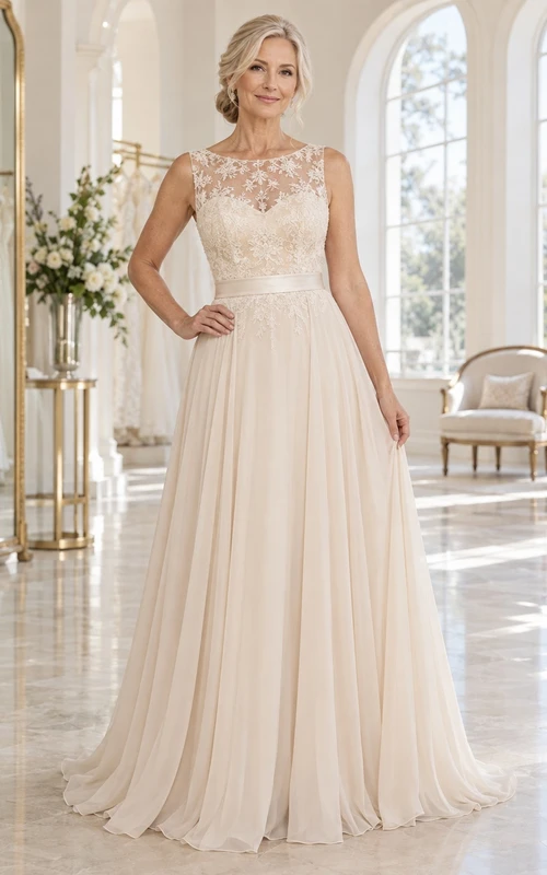 Champagne Sleeveless Wedding Dress for Older Brides with Lace Bodice Satin Waist and Chiffon Train