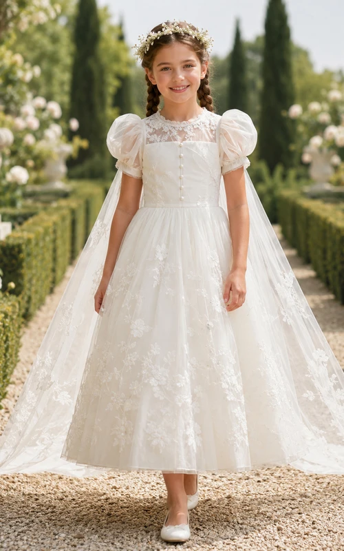 Romantisches Ballkleid mit Puffärmeln, Spitzencape und Schleppe für die Erstkommunion