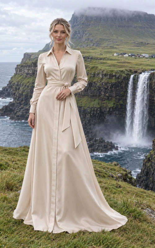 Vestido camisero de novia de satén color beige nude de manga larga con cinturón ajustable.