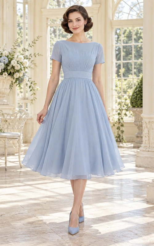 Vestido de dama de honor de gasa plisada de manga corta con escote barco, largo hasta la rodilla, color azul cielo vintage