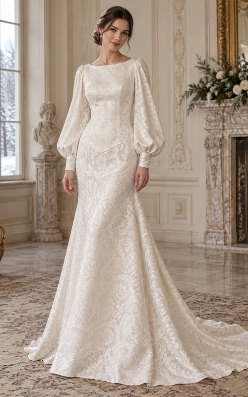 Vestido de novia de jacquard floral con mangas largas estilo sirena y escote barco.