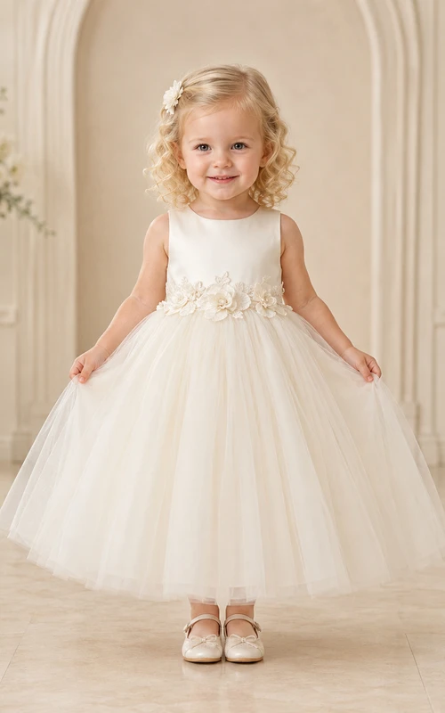Floral Applique Sleeveless Tea-Length A-Line Flower Girl Garden Wedding Tulle Dress