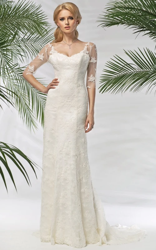 Etuikleid mit halben Ärmeln, langem V-Ausschnitt und Applikationen aus Spitze – Brautkleid