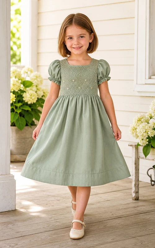 Robe de demoiselle d'honneur vintage Sage, col carré, manches bouffantes, coupe trapèze, longueur genou, en coton, ornée de smocks à la main. Robe de jardin Sage, style vintage, en coton, coupe trapèze, smockée à la main, col carré, manches bouffantes, longueur genou.