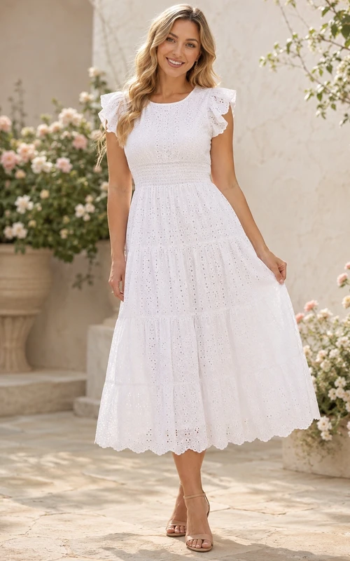 White Short Sleeve Tiered Lace Tea Length A Line Dress