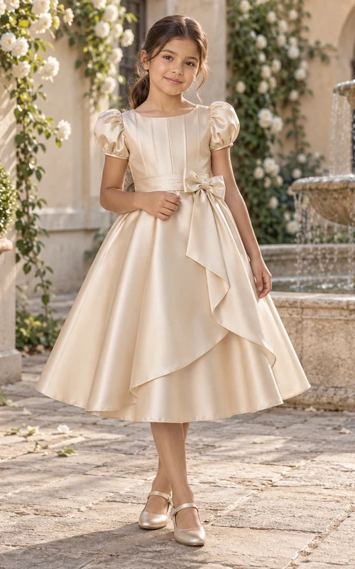 Tea-length Champagne A-line Satin Puff-sleeve Side-bow Layered V-back Flower Girl Dress