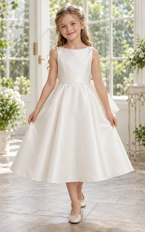 Simple Tea-length Ivory Satin Jewel Sleeveless Sashed Gathered Scoop-back Bow Flower Girl Dress