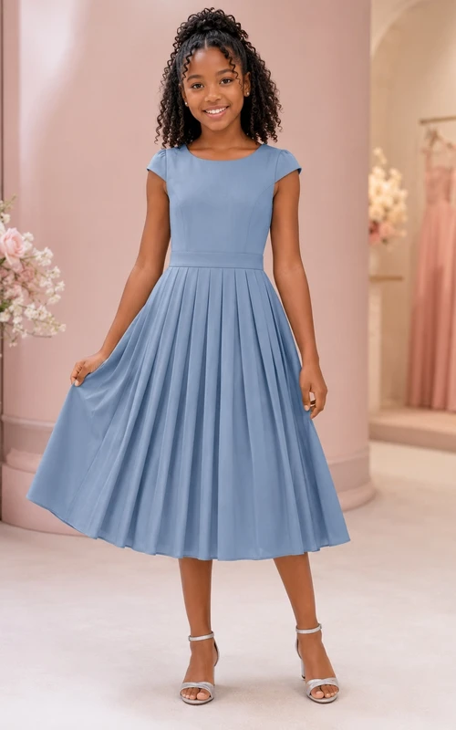 Stahlblaues Brautjungfernkleid für junge Damen, A-Linie, eckige kurze Ärmel, plissiert