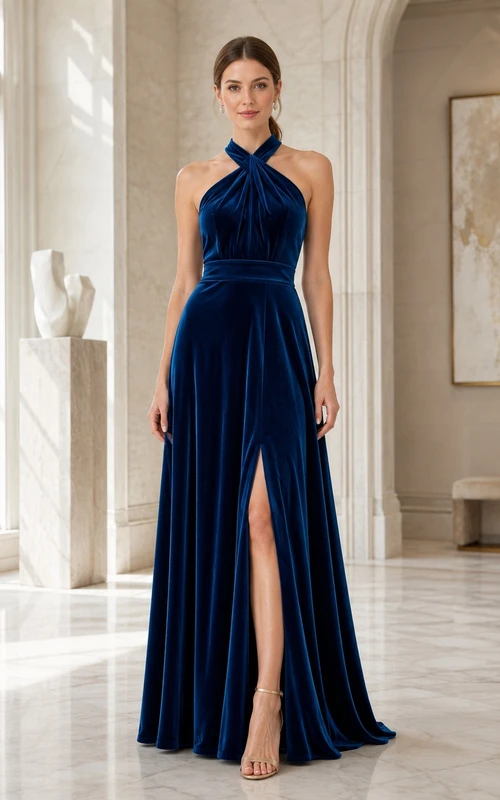 Mermaid Ink Navy Halter Ruched Velvet Backless Split Floor-Length Gown