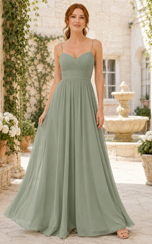 Sage Courtyard A-Line Chiffon Bridesmaid Dress with Sleeveless Spaghetti Strap Sweetheart Bodice, Pleated Floor-Length Skirt and Low V Strappy Back