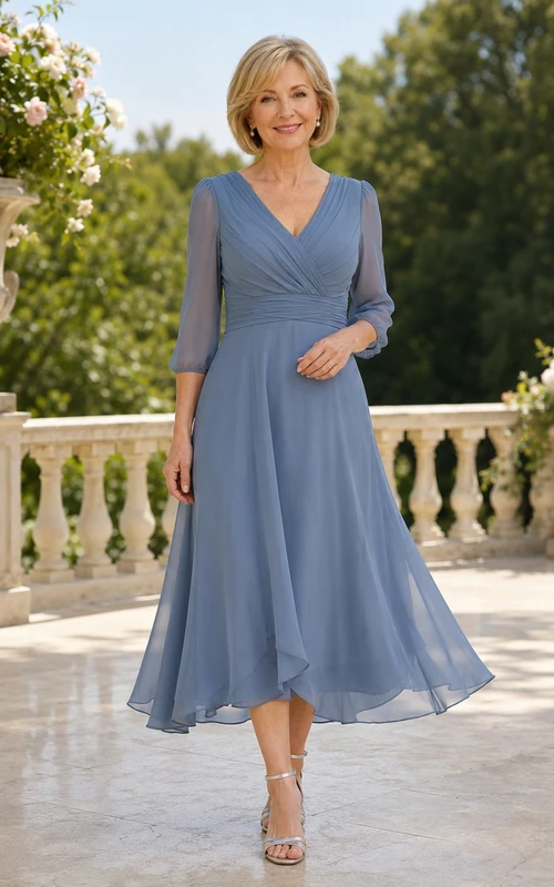 Romantisches, schieferblaues Chiffonkleid für kleine Mütter mit V-Ausschnitt, Dreiviertelärmeln, asymmetrischem Saum und Teelänge.