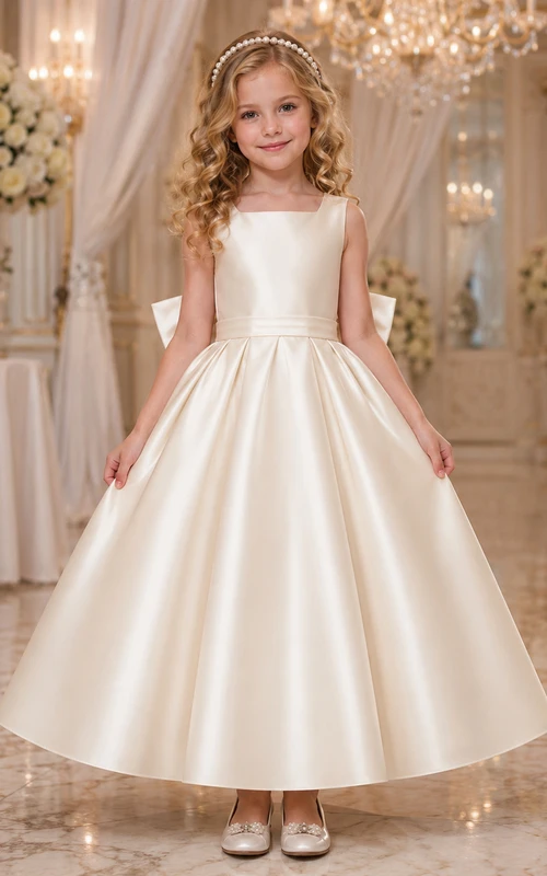 A-Line Flowergirl Satin Floor-Length Sleeveless Formal Ballroom Wedding Gown with Full Skirt and Bow Back