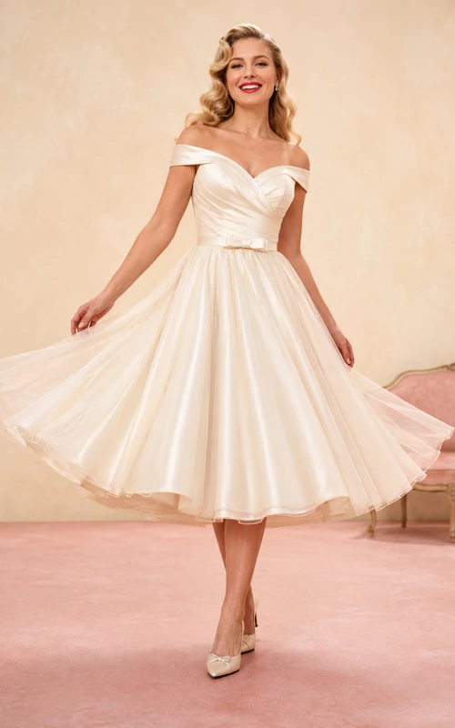 1950s Off Shoulder Ruched Pleated Satin A-Line Swing Tea Wedding Dress