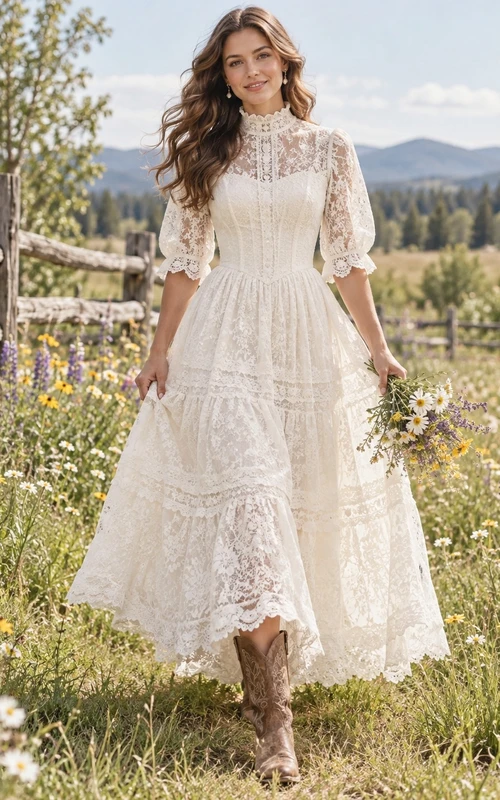Vestido de novia de encaje estilo bohemio campestre, largo hasta la rodilla, cuello alto, corte en A, mangas abullonadas y falda escalonada.