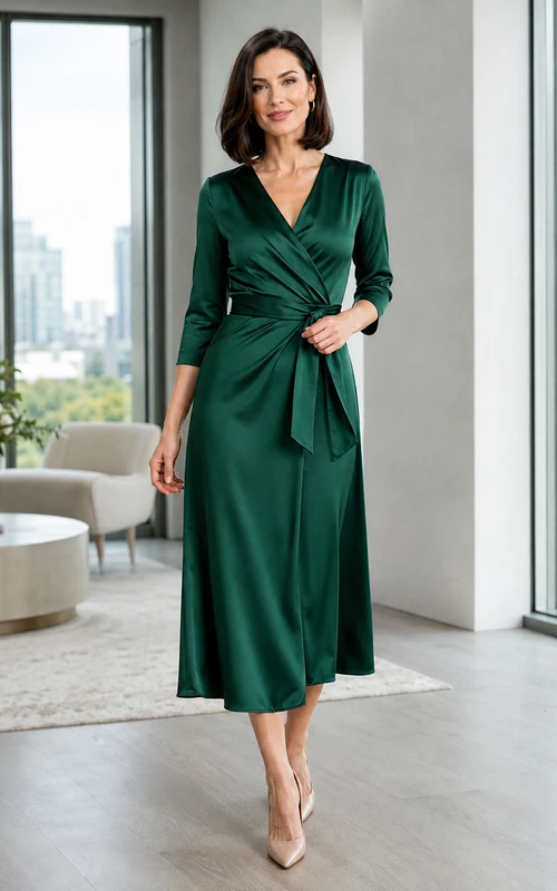 Vestido elegante de satén fruncido de corte A hasta la rodilla, color verde oscuro con escote en V y mangas tres cuartos, color malaquita.