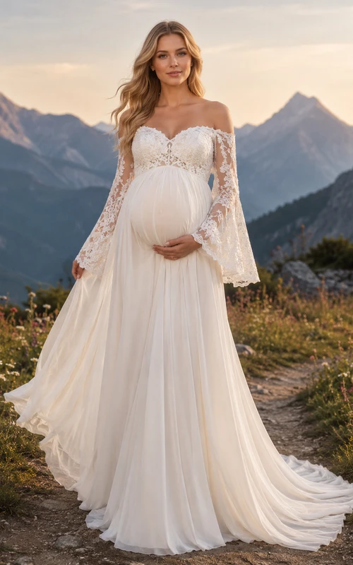 Maternity Wedding Dress Off-the-Shoulder Bell Sleeve Lace Mountain Bridal Gown with Train
