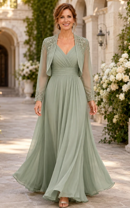 MOB-Kleid aus salbeigrünem Chiffon mit Spitze, A-Linie, langen Ärmeln, V-Ausschnitt, bodenlang, inklusive Jacke