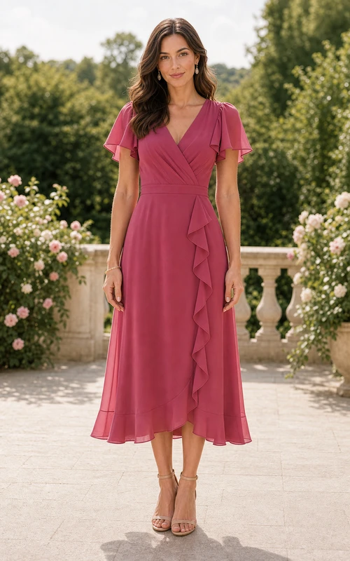 Dusty Rose V-neck Flutter Sleeve High-low Chiffon Dress