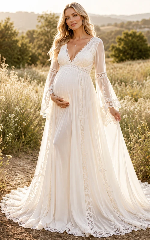 Long Bell Sleeve Boho Maternity Wedding Dress V Neck Tulle Country Gown with Lace Train