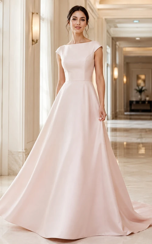 Robe de mariée en satin rose poudré à manches bateau et traîne courte, coupe trapèze, couleur A.