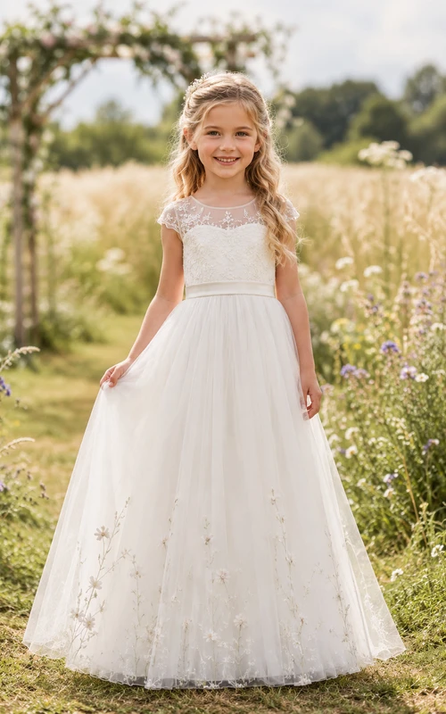 Ivory Floor-Length Ball Gown Flower Girl Dress with Lace Cap Sleeves, Illusion Scoop Neckline, Botanical Hem and Zipper Back