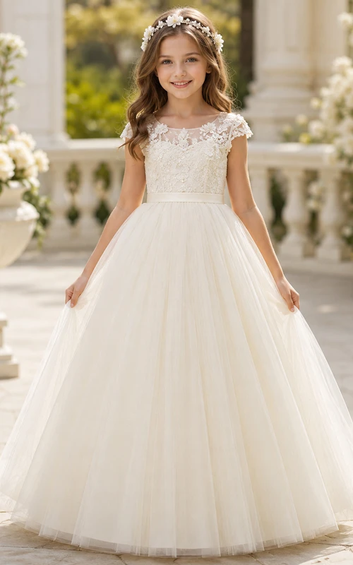 Vestido de niña de las flores, color marfil, encaje, tul, vestido de gala, manga corta, cuello joya, largo hasta el suelo.