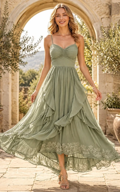 Sage Green Sweetheart Sleeveless Ruffled High-low Boho Dress