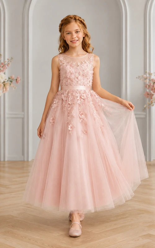 Rosafarbenes, wadenlanges A-Linien-Tüllkleid mit floralen Applikationen aus Spitze für Blumenmädchen bei Gartenhochzeiten
