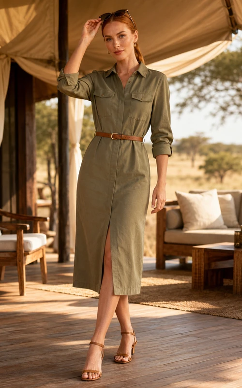 robe-chemise safari kaki olive à manches longues et ceinture