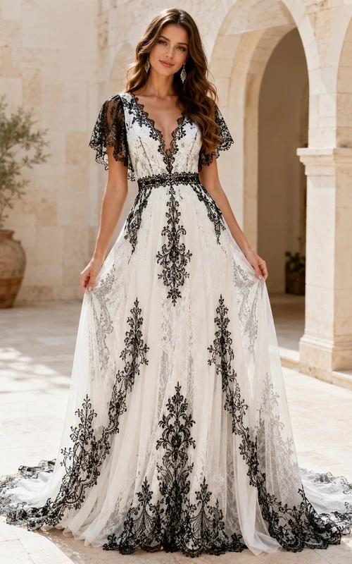 Vestido de novia bohemio romántico elegante con escote en V y estampado floral, corte en A.