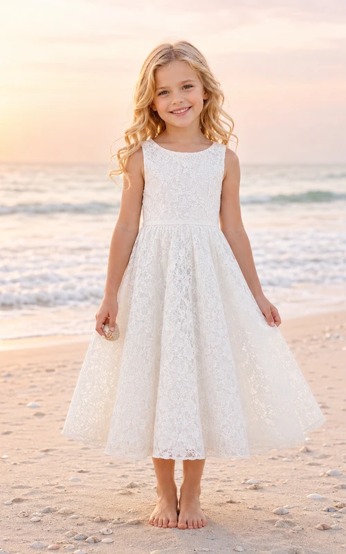 Vestido de niña de las flores, color marfil, encaje, tul, corte en A, cuello joya, largo hasta la rodilla.