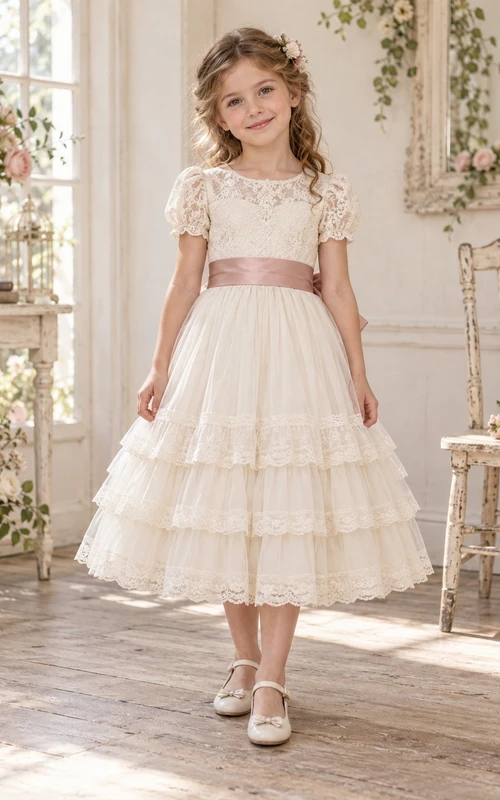 Vestido de niña de flores de corte A, largo hasta la rodilla, color marfil, estampado floral, tul, mangas cortas, volantes y fajín de rosas.
