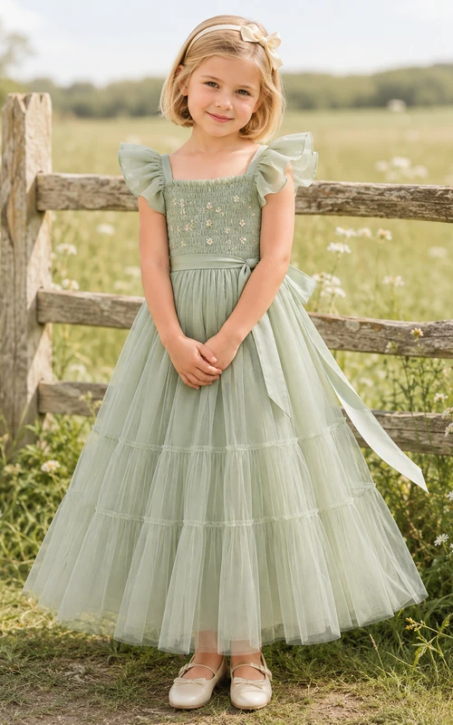 Blumenmädchenkleid aus salbeifarbenem Tüll, A-Linie, mit flatternden Ärmeln, Rundhalsausschnitt, Teelänge, Schleifendetail und Stufenrock