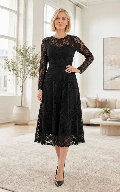 Black Elegant Romantic V-Neck Long-Sleeve Lace A-Line Tea-Length Formal Dress
