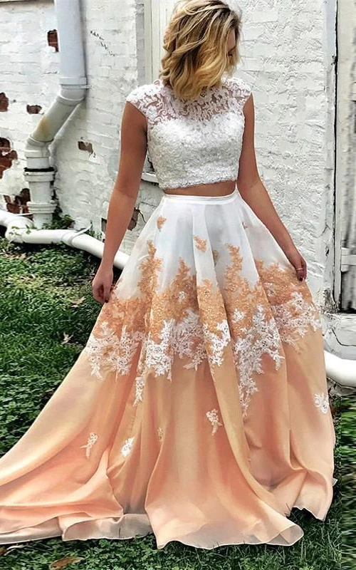 Two Piece Cap Lace Two-Tone Lace Applique Keyhole Beach Wedding Dress