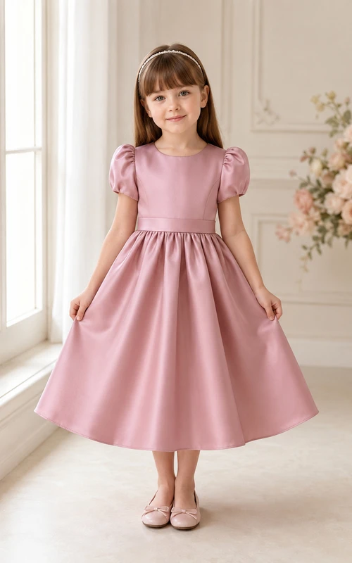 Blumenmädchenkleid aus rosafarbenem Satin, A-Linie, kurze Ärmel, Rundhalsausschnitt, Teelänge, Schleifendetail