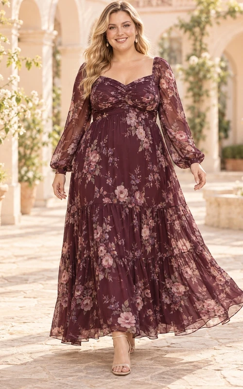 Vestido de fiesta largo hasta el suelo, talla grande, corte A, escote corazón, manga larga, estampado floral burdeos