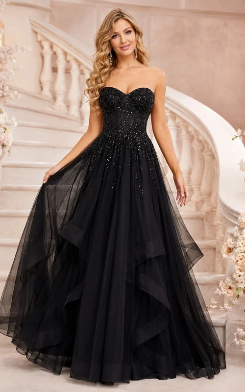 Black Ball Gown Tulle Tiered Prom Elegant Dress