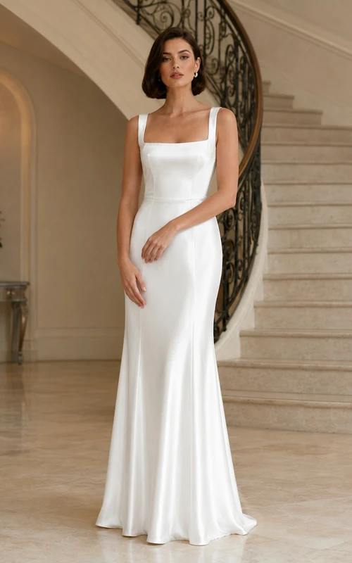 White Satin Square-Neck Sleeveless A-Line Floor-Length Formal Dress